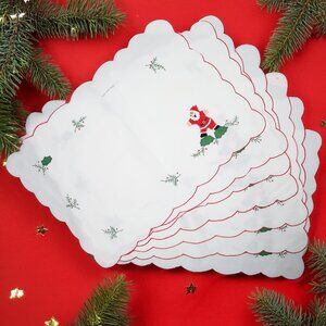 Vintage Embroidered Santa Placemats Christmas Holiday Table Linens Festive White